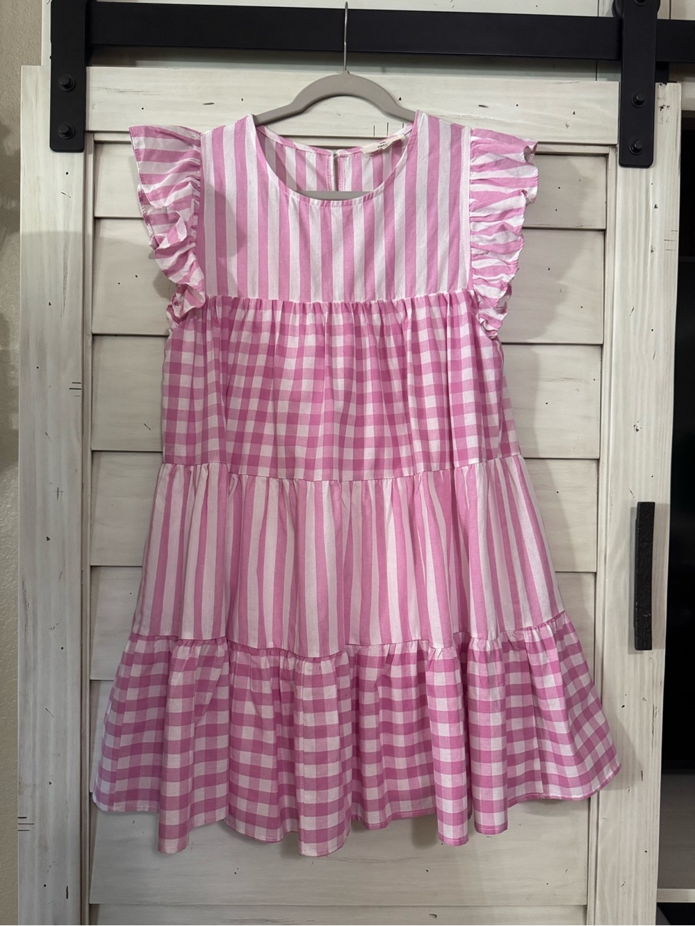 entro Pink Gingham & Stripe Tiered Ruffle Dress